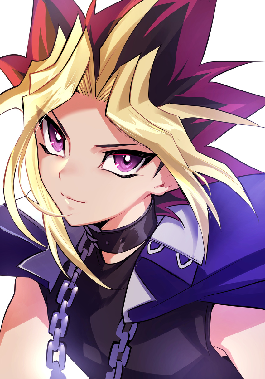 absurdres bad_id bad_pixiv_id black_shirt blonde_hair blue_jacket chain choker closed_mouth highres jacket jacket_on_shoulders looking_at_viewer male_focus maruchi multicolored_hair purple_eyes purple_hair shirt simple_background smile solo spiked_hair white_background yami_yuugi yuu-gi-ou yuu-gi-ou_duel_monsters
