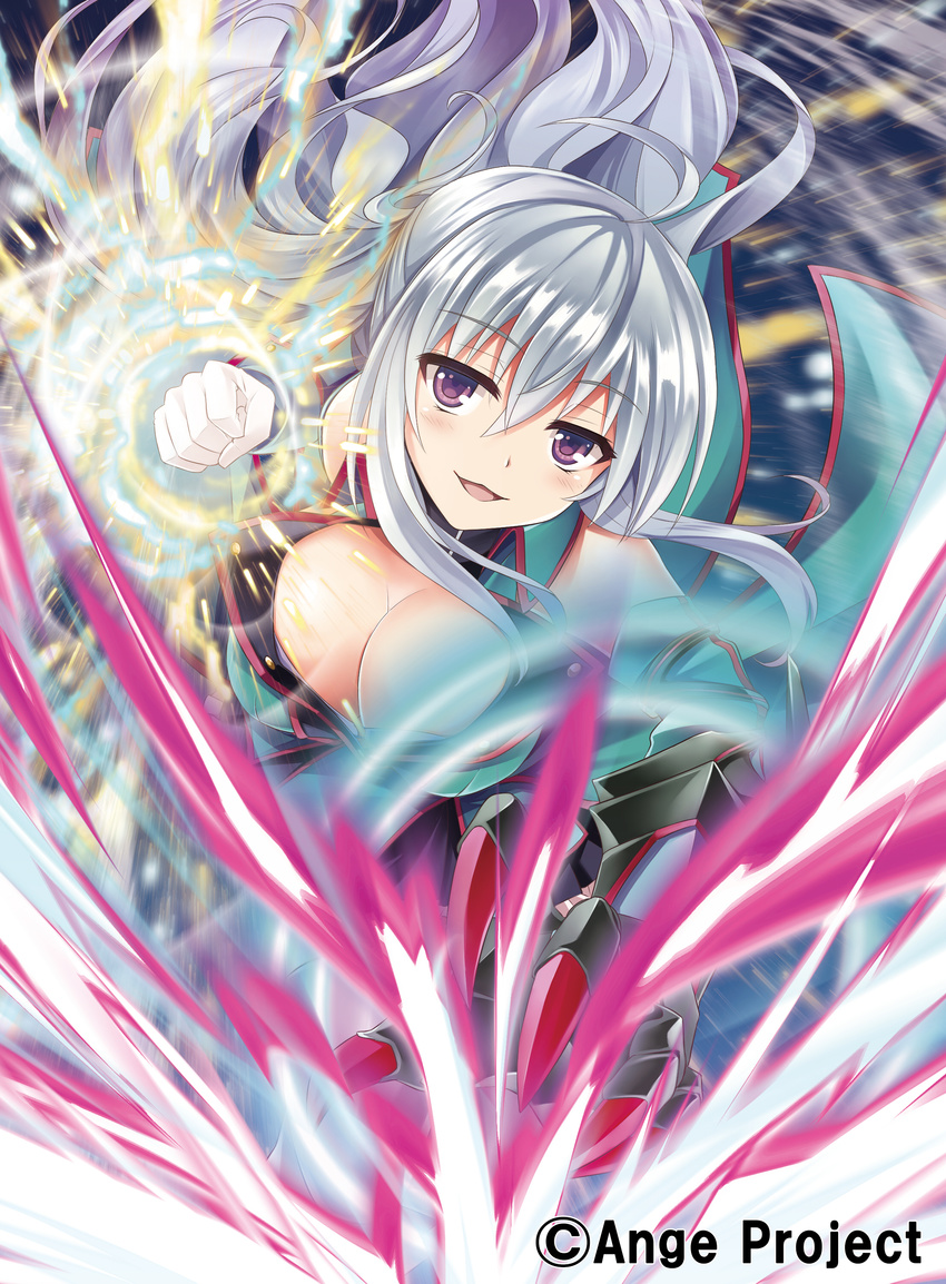 :3 :d absurdres ange_vierge bare_shoulders breasts claws clenched_hand elbow_gloves energy gauntlets gloves highres kurowana large_breasts looking_at_viewer nya_lapucea official_art open_mouth punching single_gauntlet smile solo