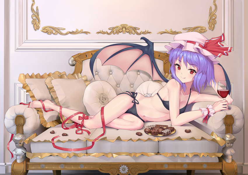 absurdres alcohol bangs bare_arms bare_legs barefoot bat_wings bikini black_bikini blue_hair breasts chocolate closed_mouth couch cup drinking_glass hat hat_ribbon highres indoors looking_at_viewer lying mob_cap nail_polish on_side pillow pink_hat plate red_eyes red_nails red_ribbon remilia_scarlet ribbon side-tie_bikini small_breasts smile solo swimsuit toenail_polish touhou wine wine_glass wings wrist_cuffs xian_yu_zhanshi
