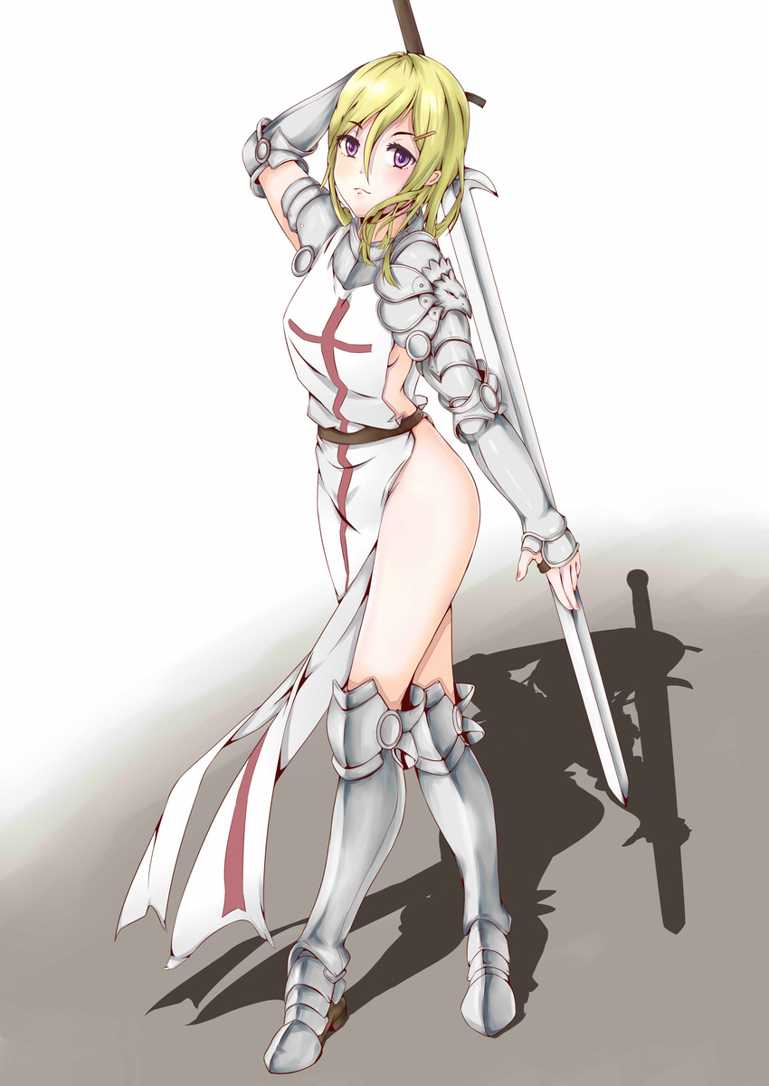 absurdres ass belt blonde_hair boots breasts closed_mouth commentary_request contrapposto crossed_legs eyelashes greaves hair_ornament hairclip hand_on_blade highres knight looking_at_viewer medium_breasts nail_polish naked_tabard no_panties original pauldrons purple_eyes red_nails shadow sideboob solo standing sword sword_behind_back tabard thighs vambraces watson_cross weapon white_background yu714202850 zweihander