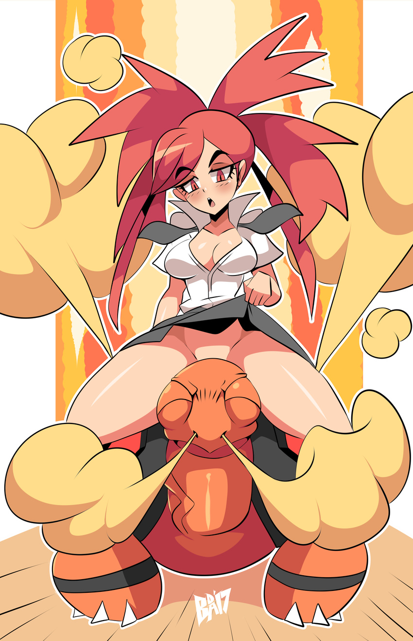 absurdres animal asuna_(pokemon) bigdead93 blush breasts cleavage eyebrows_visible_through_hair gen_3_pokemon grey_skirt high_collar highres large_breasts lifted_by_self long_hair looking_down no_panties parted_lips pokemon pokemon_(creature) pokemon_(game) pokemon_rse ponytail red_eyes red_hair riding sexually_suggestive shirt short_sleeves signature sitting skirt skirt_lift slit_pupils steam torkoal turtle white_shirt