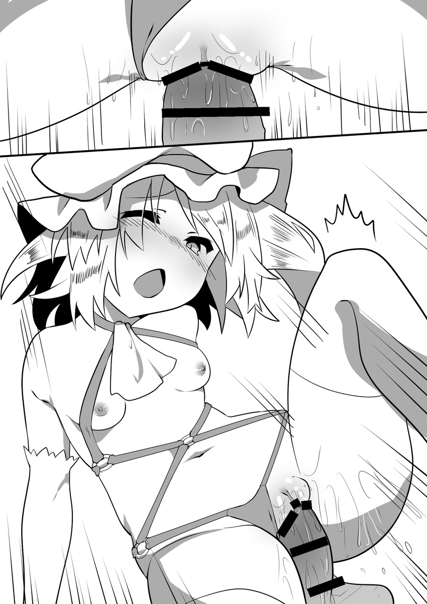 1girl ascot bangs bar_censor bare_shoulders blush breasts censored eyebrows_visible_through_hair flandre_scarlet greyscale hat hetero highres kz_oji mob_cap monochrome navel nipples nose_blush one_eye_closed open_mouth penis pussy sex side_ponytail slit_pupils small_breasts thighhighs touhou vaginal