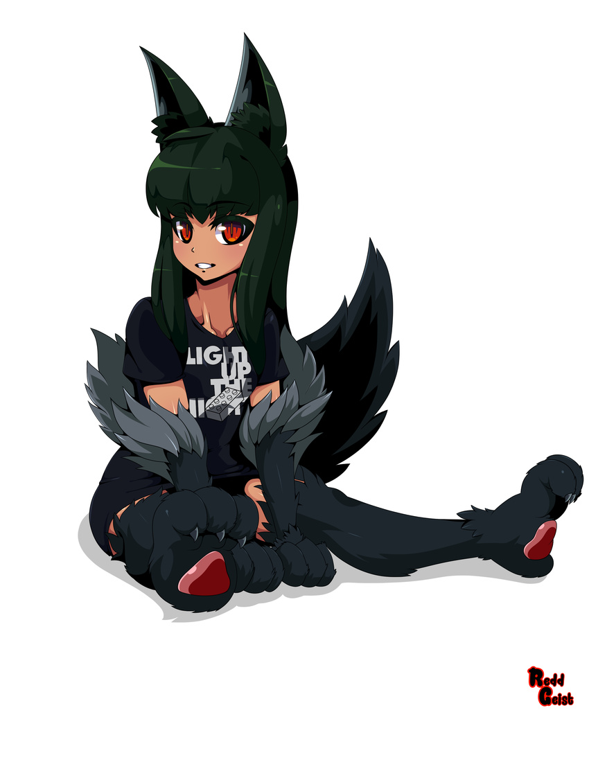 :d absurdres alternate_costume animal_ears anubis_(monster_girl_encyclopedia) bangs between_legs black_fur black_hair blue_shirt blush claws clothes_writing commentary eyebrows_visible_through_hair fingernails full_body fur hand_between_legs highres long_hair looking_at_viewer monster_girl monster_girl_encyclopedia open_mouth paws red_eyes reddgeist sharp_fingernails sharp_toenails shirt signature simple_background sitting slit_pupils smile solo t-shirt tail toenails white_background wolf_ears wolf_tail