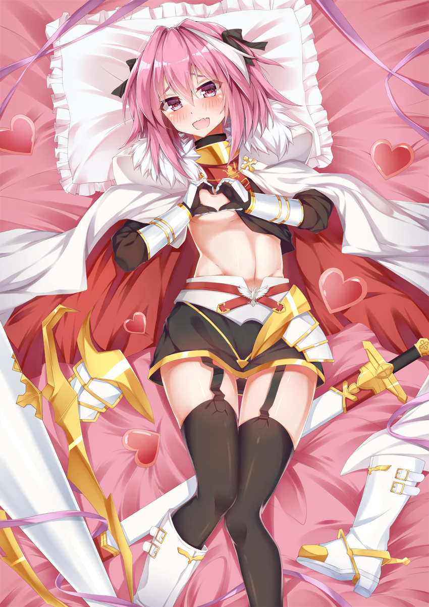 :d areolae armor armor_removed astolfo_(fate) bangs bed_sheet black_gloves black_legwear black_ribbon black_shirt black_skirt blush boot_removed boots buckle commentary_request cross eyebrows_visible_through_hair fang fate/apocrypha fate_(series) faulds feet_out_of_frame frilled_pillow frills from_above fur-trimmed_cloak fur_trim garter_straps gauntlets gloves hair_between_eyes hair_ribbon hands_up heart heart-shaped_boob_challenge heart-shaped_pupils heart_hands highres knee_boots knees_together_feet_apart lance long_sleeves looking_at_viewer lying male_focus medium_hair multicolored_hair navel on_back open_mouth otoko_no_ko pillow pink_eyes pink_hair pink_ribbon polearm red_cloak ribbon scabbard sheath sheathed shiny shiny_hair shiny_skin shirt shirt_lift skirt smile solo streaked_hair sword symbol-shaped_pupils thigh_gap thighhighs weapon white_cloak white_footwear white_hair white_pillow yuxian_youka zettai_ryouiki
