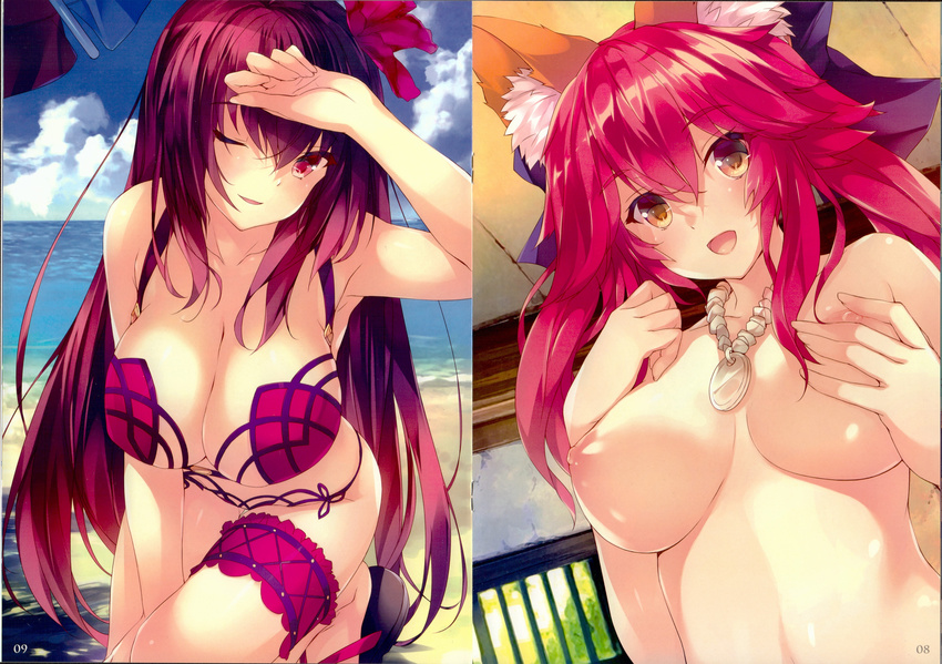 absurdres amami_mikihiro animal_ears arm_up armpits bangs bare_shoulders beach breasts brown_hair cleavage cloud collarbone day eyebrows_visible_through_hair fate/grand_order fate_(series) flower hair_flower hair_ornament hibiscus highres indoors jewelry large_breasts long_hair multiple_girls necklace nipples ocean one_eye_closed outdoors purple_eyes purple_hair scan scathach_(fate)_(all) scathach_(swimsuit_assassin)_(fate) sky swimsuit tamamo_(fate)_(all) tamamo_no_mae_(fate) thigh_strap