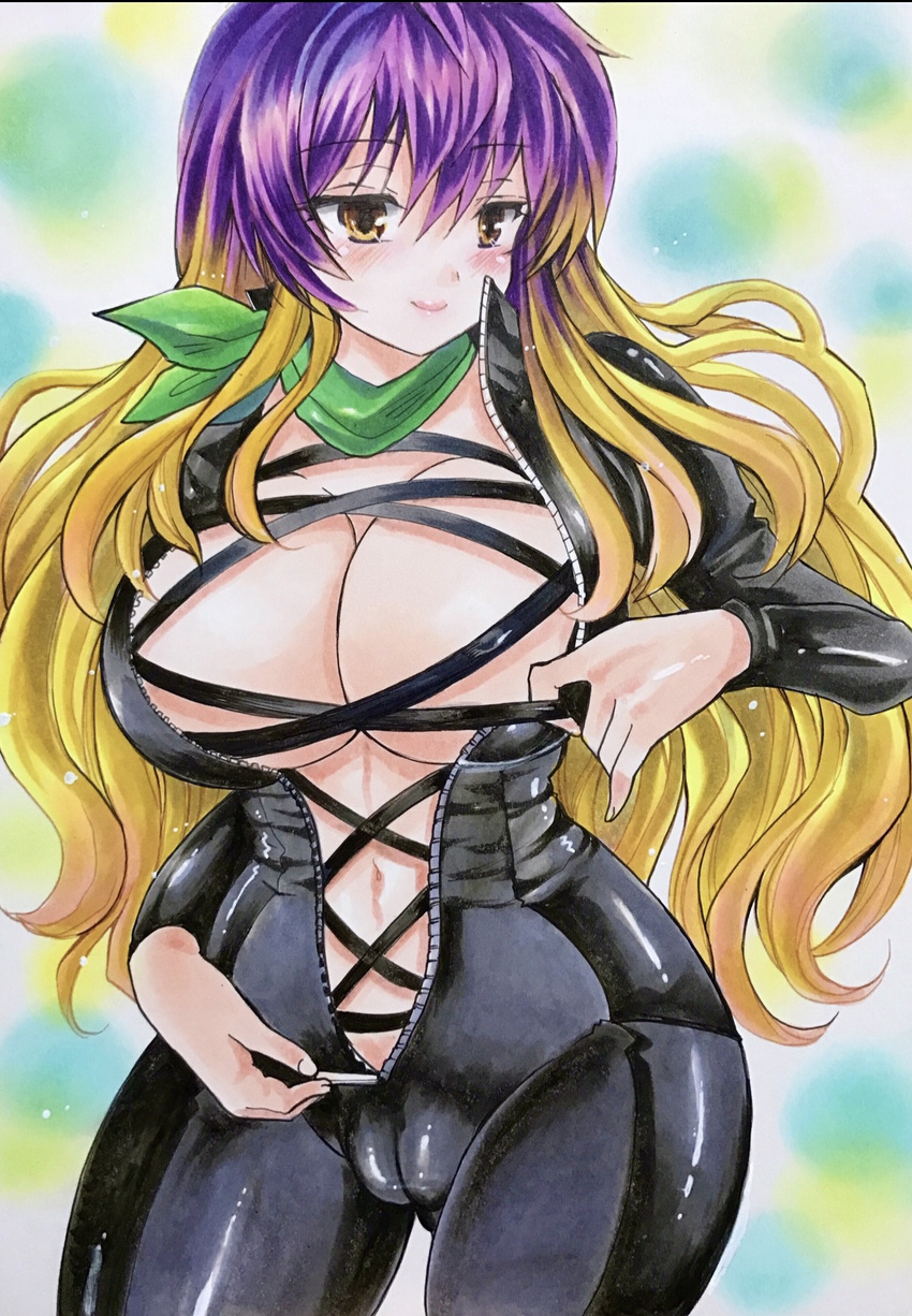 ass_visible_through_thighs bangs biker_clothes bikesuit blonde_hair blush bodysuit breasts cameltoe cleavage commentary_request eyebrows_visible_through_hair gradient_hair hair_between_eyes hand_up high_collar highres hijiri_byakuren hips large_breasts lips long_hair long_sleeves looking_to_the_side multicolored_hair navel no_bra open_clothes purple_hair skin_tight smile solo standing stomach touhou traditional_media turbo_byakuren two-tone_hair twobee unzipped unzipping upper_body yellow_eyes zipper zipper_pull_tab