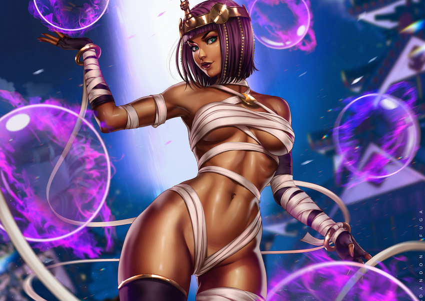 abs absurdres alternate_costume armpits aura bandages breasts breasts_apart cleavage crystal_ball dandon_fuga dark_skin energy_ball fingerless_gloves gloves highres looking_at_viewer medium_breasts menat navel purple_hair short_hair smile solo stomach street_fighter street_fighter_v thighhighs toned underboob