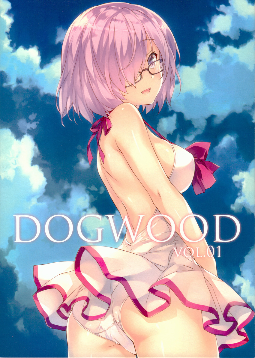 absurdres amami_mikihiro ass backless_swimsuit black-framed_eyewear blue_sky bow bow_swimsuit breasts casual_one-piece_swimsuit cloud cloudy_sky cowboy_shot day dress_swimsuit fate/grand_order fate_(series) from_below from_side glasses hair_over_one_eye halterneck highres looking_at_viewer mash_kyrielight medium_breasts one-piece_swimsuit open_mouth pink_bow purple_eyes purple_hair scan short_hair sky smile solo strap_gap swimsuit swimsuit_of_perpetual_summer white_swimsuit
