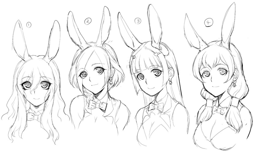 animal_ears bare_shoulders braid breasts bunny_ears bunnysuit character_request earrings eyebrows_visible_through_hair female jewelry long_hair looking_at_viewer lovina_(taimanin_asagi_battle_arena) medium_breasts monochrome multiple_girls short_hair simple_background sketch solo taimanin_(series) taimanin_asagi_battle_arena zol