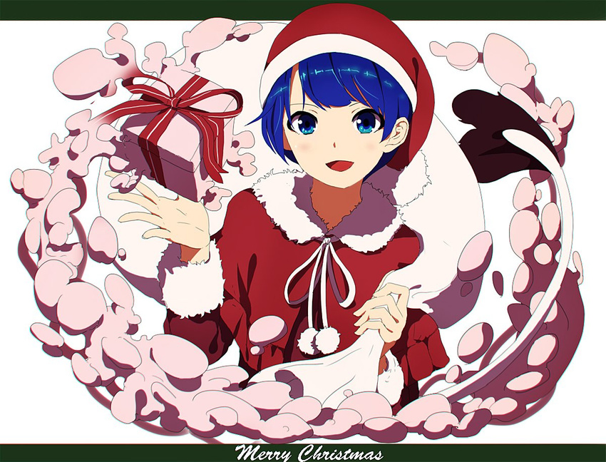 :d bangs blue_eyes blue_hair capelet doremy_sweet eyebrows_visible_through_hair fur_trim gift hat holding long_sleeves looking_at_viewer merry_christmas neck_ribbon open_mouth pom_pom_(clothes) ribbon santa_costume shishi_osamu short_hair smile solo tail tapir_tail touhou upper_body white_ribbon