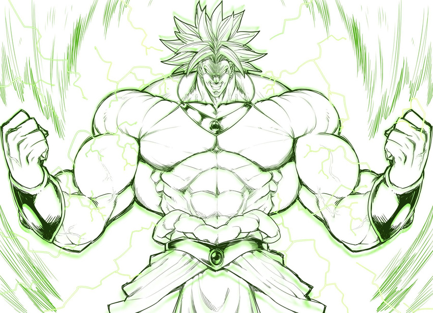 1boy aura broly dragon_ball dragonball_z looking_at_viewer monochrome muscle simple_background sketch smile solo space_jin super_saiyan