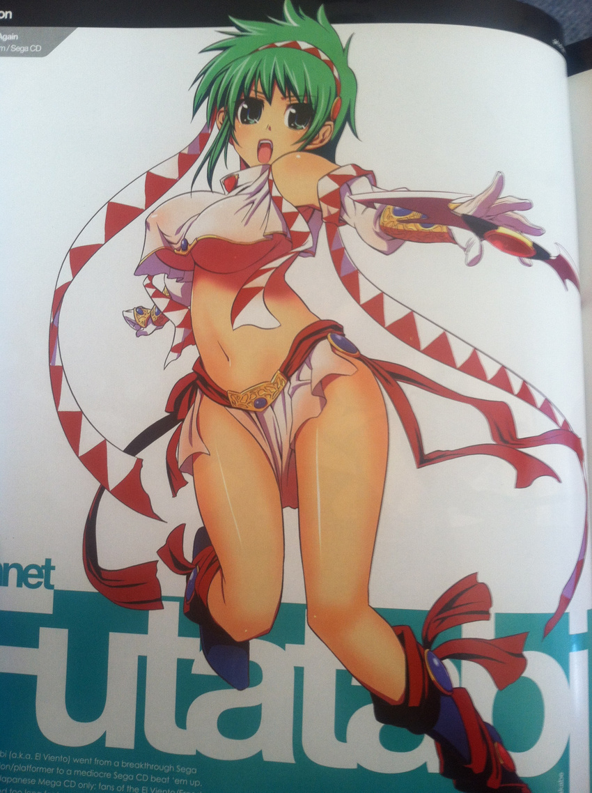 1girl annet_myer armlet bouncing_breasts bow breasts detached_sleeves el_viento elbow_gloves erect_nipples gloves green_hair large_breasts loincloth ribbon scan see-through solo underboob
