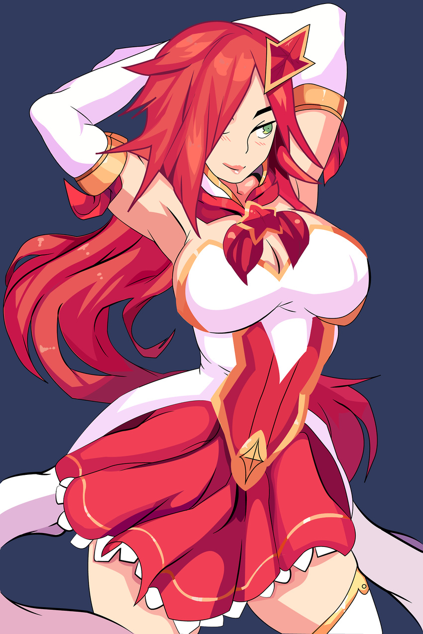 1girl alternate_costume alternate_hairstyle bare_shoulders blush breasts cleavage detached_sleeves dress green_eyes hair_ornament hair_over_one_eye large_breasts league_of_legends lipstick long_hair magical_girl orange_hair sarah_fortune short_dress solo star star_guardian_miss_fortune wink