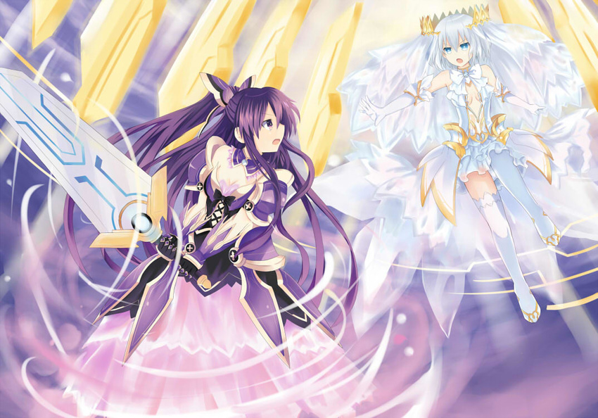 armor armored_dress blue_eyes breasts cleavage date_a_live dress elbow_gloves floating_hair gloves hair_between_eyes hair_ornament holding holding_sword holding_weapon kouno_(uiyoyo199) layered_dress long_dress long_hair multiple_girls open_mouth outstretched_arms purple_eyes purple_hair short_dress short_hair silver_hair sleeveless sleeveless_dress small_breasts sword thighhighs tobiichi_origami very_long_hair weapon white_dress white_gloves white_legwear yatogami_tooka