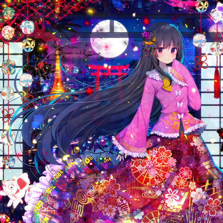 absurdres bangs black_hair blouse blush branch closed_mouth cowboy_shot crescent crescent_hair_ornament floral_print frilled_sleeves frills full_moon hair_ornament highres houraisan_kaguya jeweled_branch_of_hourai koto_seori long_hair long_skirt long_sleeves looking_at_viewer moon pink_blouse red_eyes red_skirt sidelocks skirt sleeves_past_wrists solo torii touhou very_long_hair wide_sleeves