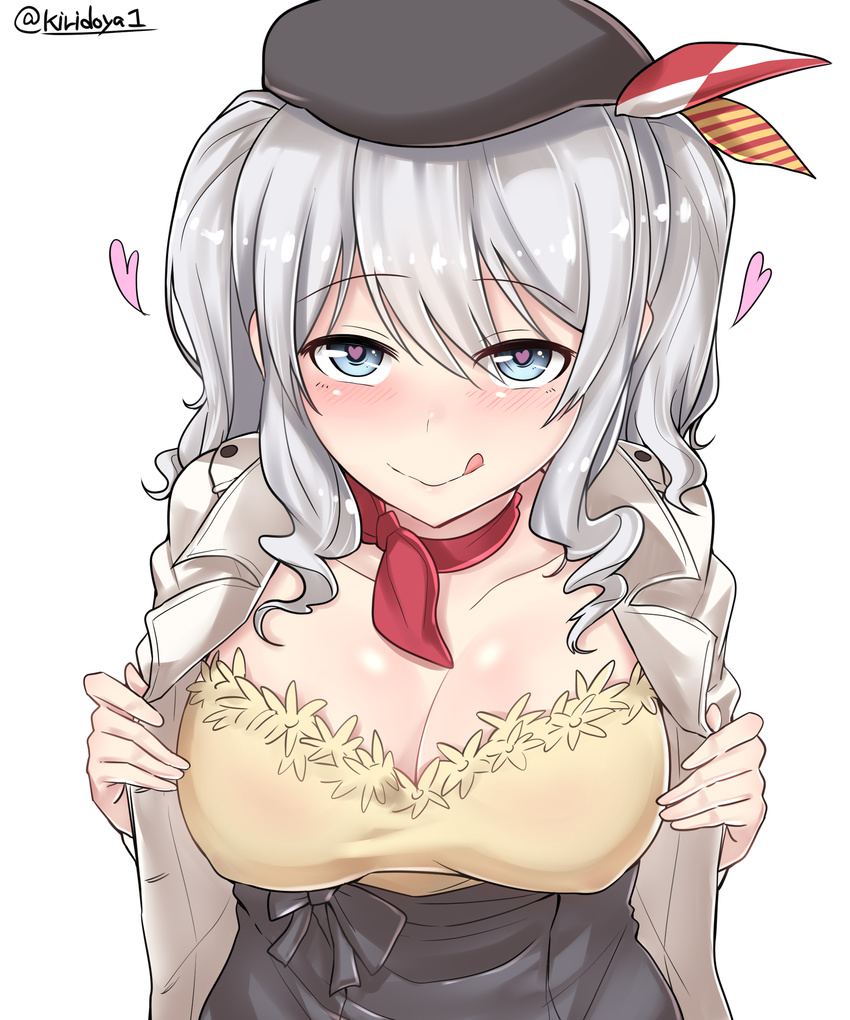 absurdres alternate_costume beret black_hat blue_eyes blush breasts cleavage collarbone commentary_request covered_nipples from_above grey_jacket grey_skirt hat heart heart-shaped_pupils highres jacket kantai_collection kashima_(kantai_collection) kiritto long_hair looking_at_viewer medium_breasts open_clothes open_jacket red_collar shirt silver_hair simple_background skirt smile solo symbol-shaped_pupils tongue tongue_out twintails twitter_username upper_body white_background yellow_shirt