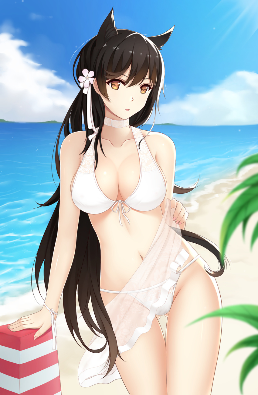 :o absurdres animal_ears ass_visible_through_thighs atago_(azur_lane) azur_lane bad_id bad_pixiv_id bangs bare_arms bare_shoulders beach bikini blue_sky blurry blush breasts brown_eyes brown_hair cleavage cloud collarbone cowboy_shot day depth_of_field extra_ears flower front-tie_bikini front-tie_top groin hair_flower hair_ornament highres horizon lifted_by_self light_rays long_hair looking_at_viewer medium_breasts nail_polish navel ocean open_mouth outdoors pink_nails ribbon rko_(a470350510) sarong sarong_lift see-through shore sky solo standing stomach sunbeam sunlight swimsuit thigh_gap very_long_hair water white_bikini white_neckwear white_ribbon wrist_ribbon