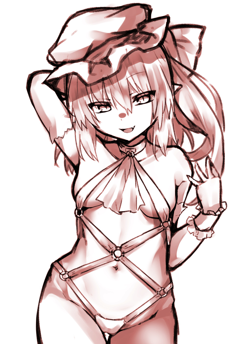 arm_behind_back arm_up ascot bangs bare_shoulders breasts cowboy_shot eyebrows_visible_through_hair fang flandre_scarlet hair_between_eyes hat highres kz_oji long_hair looking_at_viewer mob_cap monochrome navel open_mouth pointy_ears side_ponytail simple_background slit_pupils small_breasts smile solo thigh_gap touhou white_background wristband