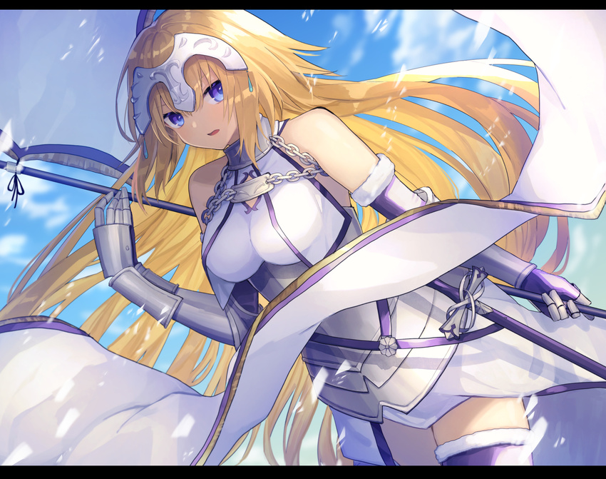 1girl armor black_legwear blonde_hair breasts chain fate/apocrypha fate_(series) flag headpiece holding holding_flag jeanne_d'arc_(fate) jeanne_d'arc_(fate)_(all) large_breasts long_hair looking_at_viewer parted_lips solo thighhighs