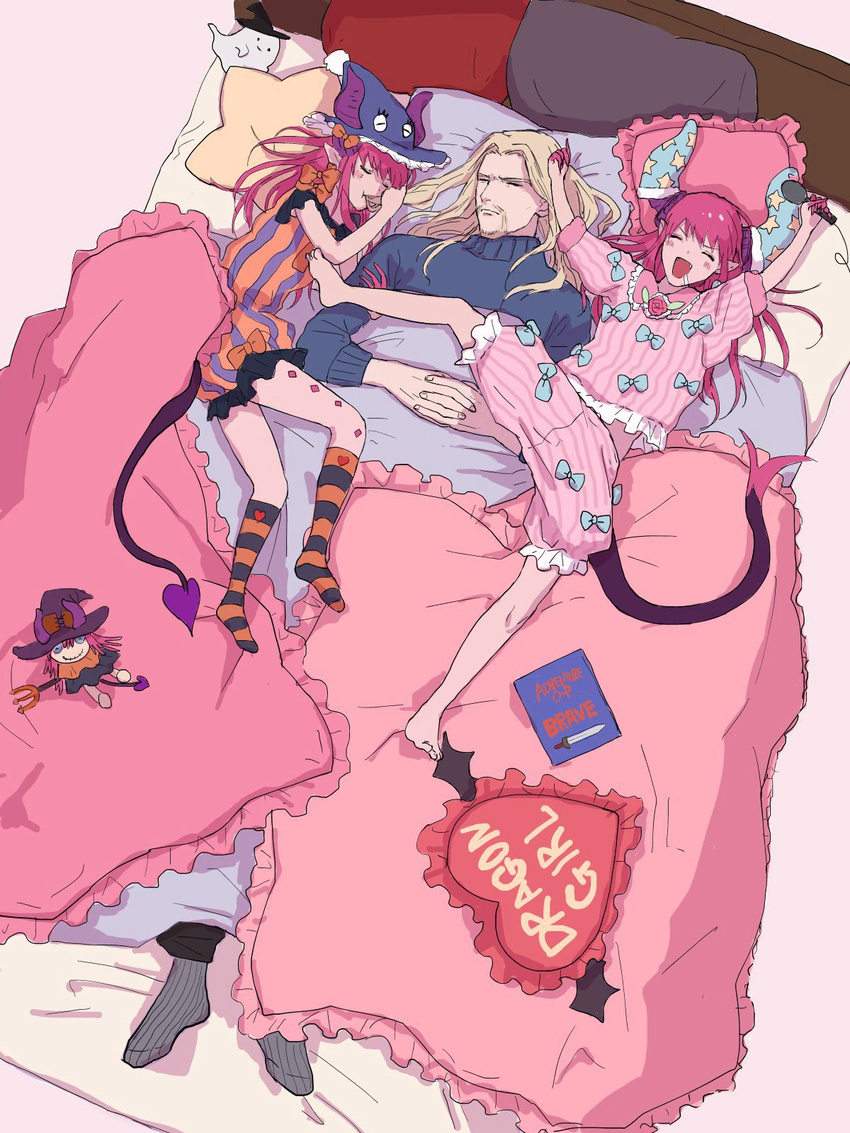 2girls alternate_costume artist_request bed blanket blonde_hair book claws closed_eyes commentary_request doll dragon_girl dragon_horns dragon_tail eating_hair elizabeth_bathory_(fate) elizabeth_bathory_(fate)_(all) elizabeth_bathory_(halloween)_(fate) fangs fate/grand_order fate_(series) halloween_costume hat highres horns long_hair microphone multiple_girls open_mouth pillow pink_hair pointy_ears ribbon saliva sleeping sleepwear socks sweater tail vlad_iii_(fate/apocrypha) witch_hat