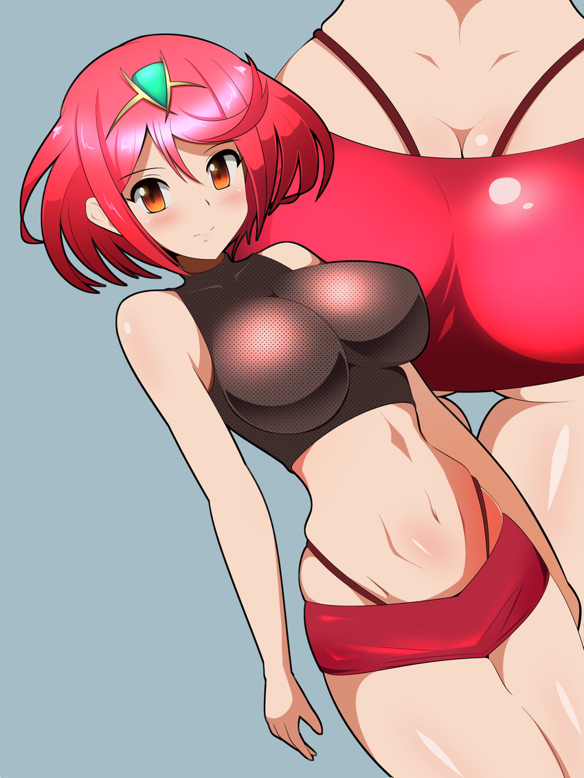 arms_at_sides ass bare_arms bare_shoulders blue_background blush breasts butt_crack closed_mouth commentary_request cowboy_shot crop_top dimples_of_venus harubato headpiece highleg highres homura_(xenoblade_2) impossible_clothes large_breasts looking_at_viewer lower_body multiple_views navel red_eyes red_hair red_shorts shiny shiny_hair short_hair short_shorts shorts simple_background skindentation sleeveless smile standing stomach tareme thigh_gap thighs thong xenoblade_(series) xenoblade_2