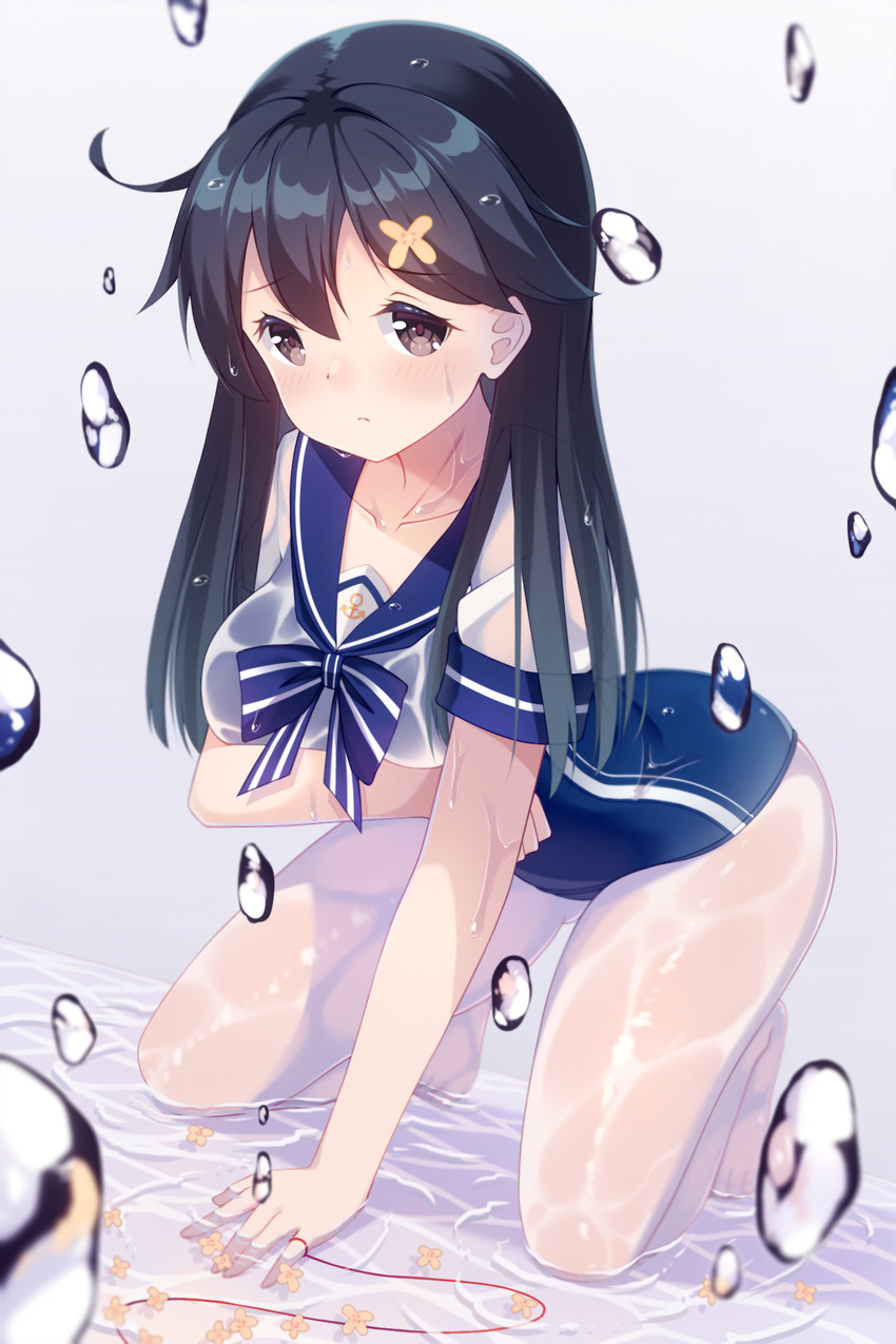 all_fours arched_back arm_support black_hair blue_swimsuit blush breast_hold breasts brown_eyes closed_mouth collarbone commentary_request eyebrows_visible_through_hair flower full_body hair_flower hair_intakes hair_ornament highres kantai_collection long_hair looking_at_viewer medium_breasts natsu97 no_pants one-piece_swimsuit pool pout red_string school_swimsuit school_uniform see-through serafuku solo string swimsuit ushio_(kantai_collection) water water_drop wet
