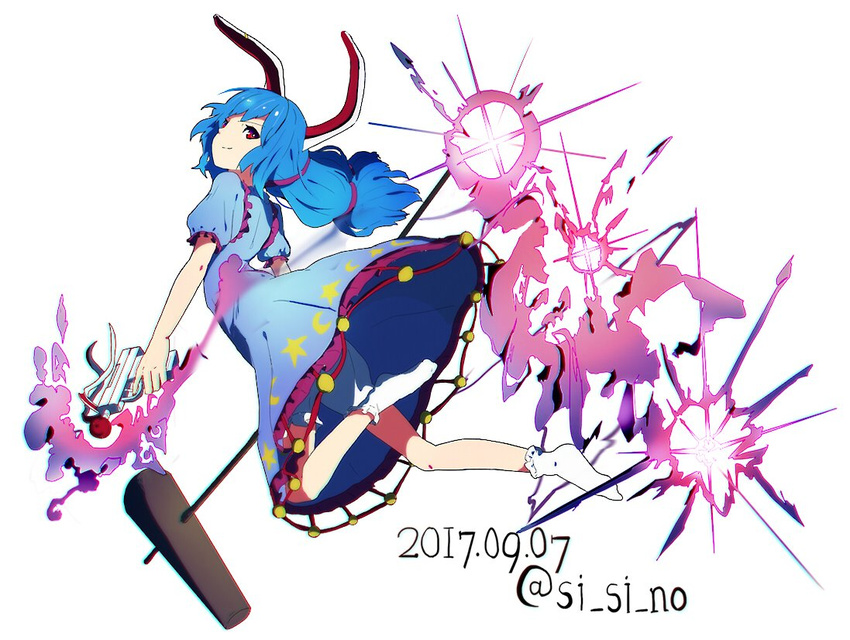 animal_ears bangs bloomers blue_hair bunny_ears closed_mouth crescent dated dress from_side full_body gun holding holding_gun holding_weapon kine long_hair multi-tied_hair no_shoes profile red_eyes seiran_(touhou) shishi_osamu short_sleeves simple_background smile socks solo star touhou twintails twitter_username underwear weapon white_background white_legwear