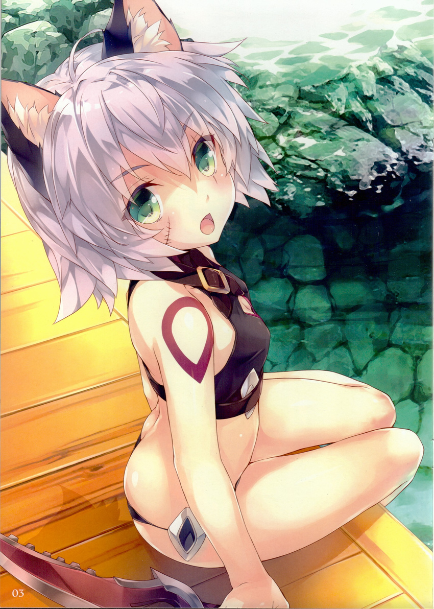 absurdres amami_mikihiro animal_ears bangs bare_legs bare_shoulders breasts butt_crack cat_ears dagger eyebrows_visible_through_hair fate/apocrypha fate_(series) gloves green_eyes highres holding holding_weapon jack_the_ripper_(fate/apocrypha) looking_at_viewer looking_back midriff open_mouth outdoors scan scar short_hair silver_hair sitting small_breasts solo swimsuit tattoo underwear water weapon