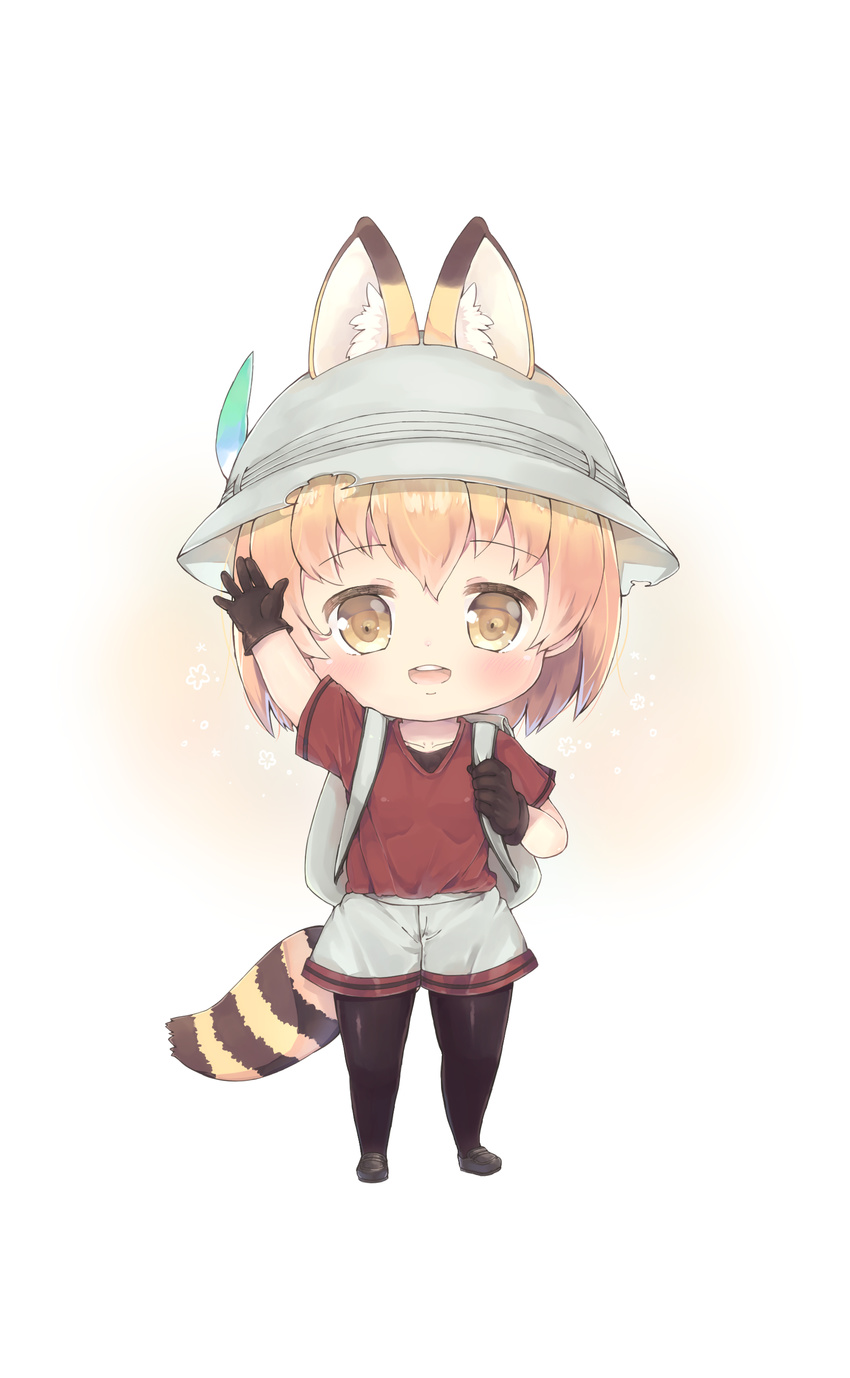 absurdres animal_ears arm_up backpack bag bangs black_footwear black_gloves black_legwear blonde_hair blush chibi cosplay ears_through_headwear foreign_blue gloves hair_between_eyes hand_up hat hat_feather helmet highres kaban_(kemono_friends) kaban_(kemono_friends)_(cosplay) kemono_friends looking_at_viewer open_mouth pith_helmet red_shirt reflective_eyes serval_(kemono_friends) serval_ears serval_tail shiny shiny_clothes shiny_hair shiny_skin shirt shoes short_hair short_sleeves shorts smile solo standing tail teeth white_background