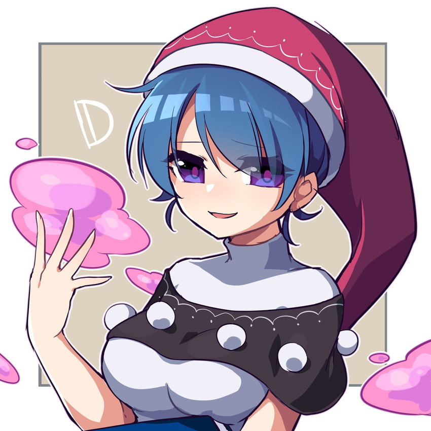 antinomy_of_common_flowers bangs black_capelet blue_hair breasts capelet commentary_request doremy_sweet eyebrows_visible_through_hair hair_between_eyes hat highres kozakura_(dictionary) looking_at_viewer medium_breasts nightcap open_mouth pom_pom_(clothes) purple_eyes short_hair smile solo touhou upper_body
