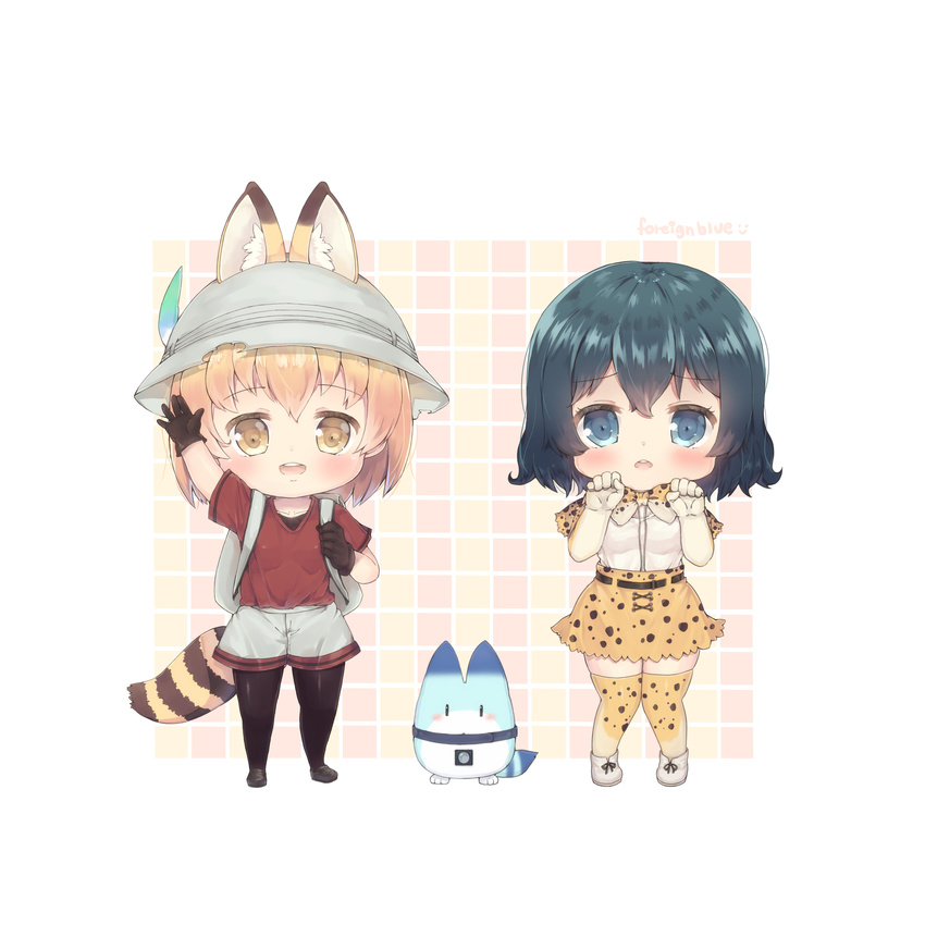 absurdres animal_ears arm_up backpack bag bangs black_footwear black_gloves black_hair black_legwear blonde_hair blush bow bowtie chibi cosplay costume_switch ears_through_headwear elbow_gloves foreign_blue gloves hair_between_eyes hand_up hat hat_feather helmet highres kaban_(kemono_friends) kaban_(kemono_friends)_(cosplay) kemono_friends knees_together_feet_apart looking_at_viewer lucky_beast_(kemono_friends) multiple_girls open_mouth paw_pose pith_helmet red_shirt reflective_eyes round_teeth serval_(kemono_friends) serval_(kemono_friends)_(cosplay) serval_ears serval_print serval_tail shiny shiny_clothes shiny_hair shiny_skin shirt shoes short_hair short_sleeves shorts skirt smile standing tail teeth thighhighs white_background white_footwear white_shirt yellow_skirt