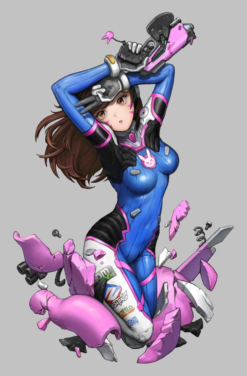 alex_lee arms_up bodysuit breasts brown_eyes brown_hair covered_navel d.va_(overwatch) facial_mark finger_on_trigger grey_background gun handgun highres holding holding_gun holding_weapon keychain legs_folded long_hair looking_away md5_mismatch medium_breasts overwatch simple_background solo v weapon