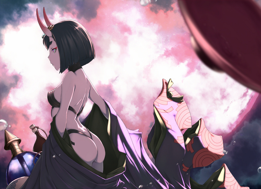 ass black_hair breasts fate/grand_order fate_(series) from_behind gourd headpiece horns japanese_clothes kimono oni oni_horns open_clothes open_kimono purple_eyes revealing_clothes short_hair shuten_douji_(fate/grand_order) small_breasts solo stealthmaria undressing