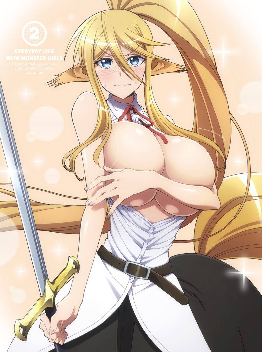 10s 1girl angry animal_ears bare_shoulders belt blonde_hair blue_eyes blush breasts breasts_outside centaur centorea_shianus cleavage copyright_name cover covering covering_breasts covering_nipples cowboy_shot dvd_cover female highres horse_ears horse_tail huge_breasts long_hair looking_at_viewer monster_girl monster_musume_no_iru_nichijou official_art open_clothes ponytail shiny sidelocks sleeveless solo sweat sword tail very_long_hair weapon