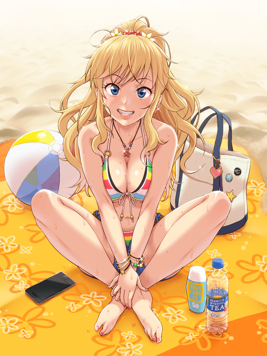 bag ball bare_legs bare_shoulders barefoot beach beach_towel beachball bikini blonde_hair blue_eyes bottle bracelet breasts cellphone cleavage collarbone day denim denim_shorts earrings feet front-tie_bikini front-tie_top full_body grin hair_ornament halter_top halterneck highres idolmaster idolmaster_cinderella_girls indian_style jewelry large_breasts lips long_hair looking_at_viewer multicolored multicolored_stripes nail_polish navel necklace nigou o-ring o-ring_top ootsuki_yui open_fly outdoors phone ponytail sand short_shorts shorts sitting smartphone smile solo striped striped_bikini sweat swimsuit toenail_polish towel water_bottle wavy_hair