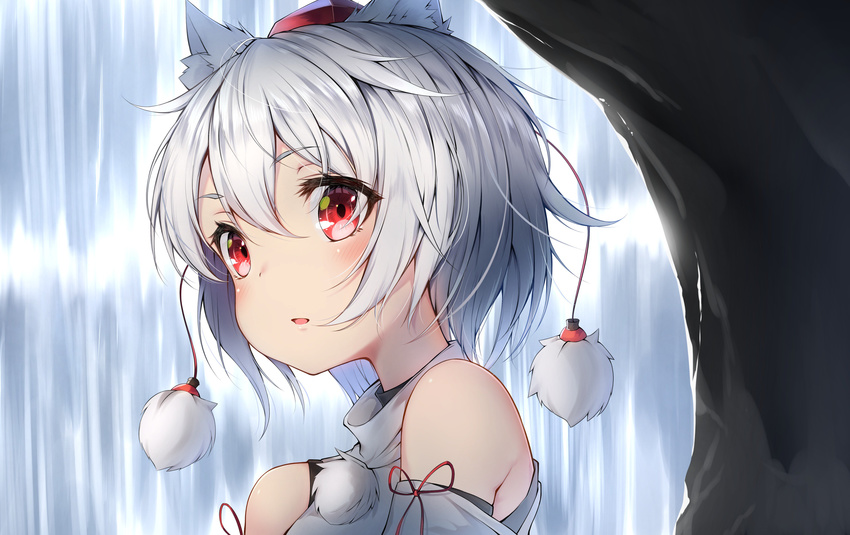 absurdres animal_ears bangs bare_shoulders cave commentary_request detached_sleeves hat highres inubashiri_momiji nyum pom_pom_(clothes) red_eyes short_hair solo string tokin_hat touhou upper_body water waterfall white_background wolf_ears