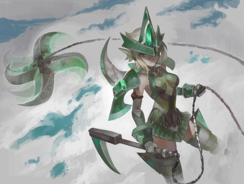 afterimage akatsuki_kirika bare_shoulders blonde_hair breasts breasts_apart chain closed_mouth covered_navel elbow_gloves expressionless gloves green_eyes headgear kusarigama legs_apart leotard looking_at_viewer magical_girl medium_breasts pauldrons senki_zesshou_symphogear short_hair sickle skin_tight skirt smoke solo standing striped striped_legwear symphogear_pendant thighhighs visqi weapon