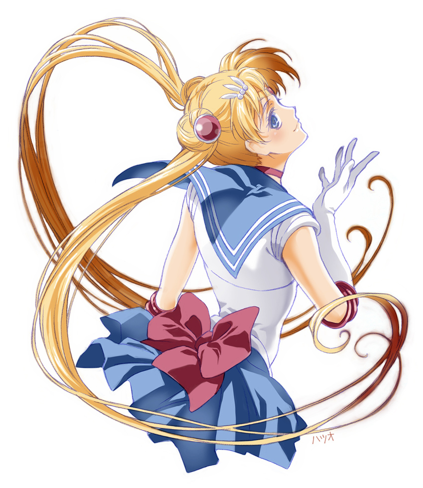 artist_name bishoujo_senshi_sailor_moon blue_eyes blue_skirt bow choker closed_mouth elbow_gloves gloves hair_ornament hairclip hatsuo highres long_hair looking_back miniskirt red_bow sailor_collar sailor_moon sailor_senshi_uniform skirt tsukino_usagi twintails very_long_hair white_background white_gloves