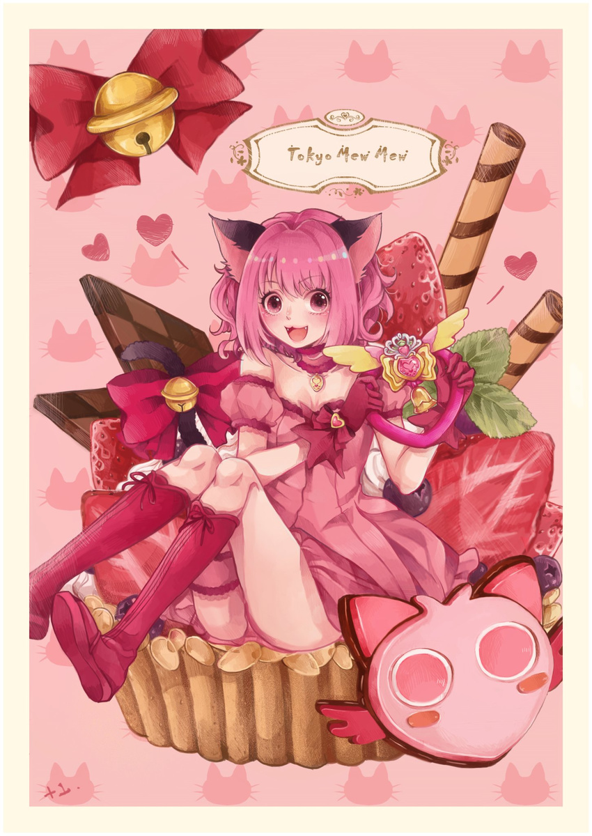 1girl :3 :d animal_ears bare_shoulders bell boots border bow cat_ears cat_tail chocolate choker copyright_name cupcake dress fangs food fruit giant_object gloves heart highres holding jingle_bell knee_boots looking_at_viewer mew_ichigo momomiya_ichigo open_mouth pink_dress pink_eyes pink_hair puffy_short_sleeves puffy_sleeves red_gloves short_hair short_sleeves simple_background sitting sitting_on_food smile solo strawberry sweets tail tail_bow thigh_strap tokyo_mew_mew