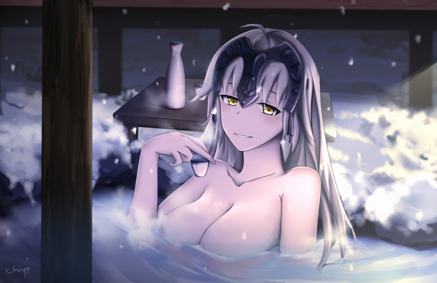 artist_name bottle breasts chyt cleavage cup_ramen fate/grand_order fate_(series) headpiece highres jeanne_d'arc_(alter)_(fate) jeanne_d'arc_(fate)_(all) large_breasts long_hair looking_at_viewer onsen rock sake_bottle smile snow solo steam yellow_eyes