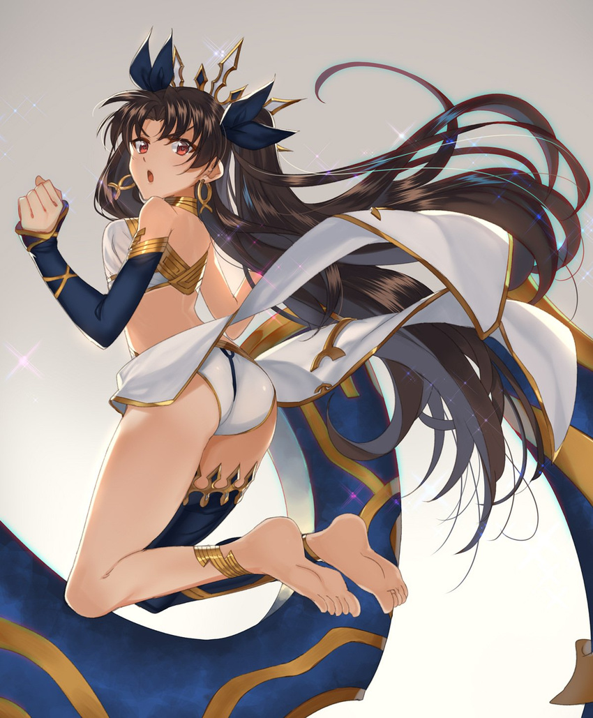 :o anklet ass back bangs barefoot bikini blue_legwear brown_hair commentary_request crown detached_sleeves earrings fate/grand_order fate_(series) feet from_behind gradient gradient_background grey_background hair_ribbon heavenly_boat_maanna highres hoop_earrings ishtar_(fate/grand_order) jewelry kabocha_(monkey4) legs long_hair long_legs looking_at_viewer looking_back open_mouth parted_bangs pelvic_curtain red_eyes ribbon simple_background single_detached_sleeve single_thighhigh soles solo sparkle swimsuit thighhighs thighs toes two_side_up white_bikini