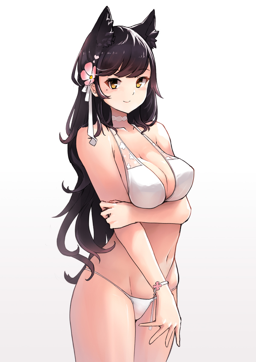 animal_ears arukiru atago_(azur_lane) azur_lane bangs bare_shoulders bikini black_hair breast_hold breasts choker cleavage closed_mouth cowboy_shot extra_ears flower gradient gradient_background hair_flower hair_ornament hand_on_own_arm highres large_breasts long_hair looking_at_viewer mole mole_under_eye navel simple_background smile solo swept_bangs swimsuit white_bikini wristband yellow_eyes