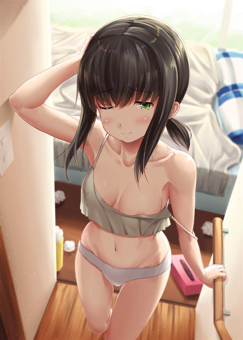 3; alternate_costume areola_slip areolae arm_up armpits bangs banister bare_arms bare_legs bare_shoulders barefoot bed bedroom blanket blurry blush breasts brown_hair camisole cleavage closed_mouth collarbone commentary day depth_of_field eyebrows_visible_through_hair foreshortening from_above frown fubuki_(kantai_collection) green_eyes half-closed_eye hand_on_head highres holding_railing ichikawa_feesu indoors kantai_collection legs_apart low_ponytail medium_breasts messy navel off_shoulder one_eye_closed panties pillow ponytail shiny shiny_hair short_hair sidelocks sleepy sleeveless small_breasts solo spaghetti_strap standing stomach strap_slip sunlight tissue_box underwear underwear_only used_tissue waking_up wall wavy_mouth white_panties wooden_floor