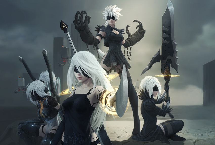 4girls absurdres artist_request black_gloves black_legwear blindfold character_request elbow_gloves feather-trimmed_sleeves gloves highres long_hair multiple_girls nier nier_(series) nier_automata open_mouth parted_lips ponytail silver_hair smile sword teeth thighhighs weapon yorha_type_a_no._2