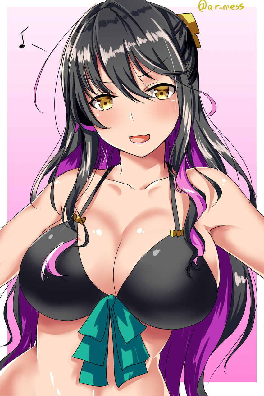 :d absurdres ar_(lover_boy) bikini black_bikini black_hair border breasts collarbone eighth_note fang highres huge_breasts kantai_collection long_hair multicolored_hair musical_note naganami_(kantai_collection) open_mouth purple_hair smile solo swimsuit twitter_username v-shaped_eyebrows white_border yellow_eyes