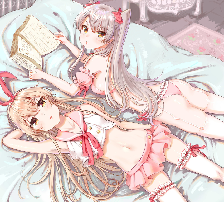 :o absurdres alternate_color alternate_costume amatsukaze_(kantai_collection) arm_at_side arm_behind_back armpits ass bangs bare_arms bare_shoulders bed_sheet blonde_hair blush book bow bra breasts brown_eyes collarbone commentary_request crop_top detached_sleeves double-breasted ezusa frilled_panties frills garter_straps hair_between_eyes hair_bow hair_ribbon hairband highres indoors kantai_collection leg_garter long_hair looking_at_viewer lying miniskirt multiple_girls navel on_back on_bed on_stomach open_book open_mouth panties pink_bra pink_hairband pink_panties pink_ribbon pink_skirt puffy_short_sleeves puffy_sleeves red_bow ribbon ribbon-trimmed_panties sailor_collar shimakaze_(kantai_collection) shiny shiny_skin short_sleeves silver_hair skirt sleeveless small_breasts stomach tsurime two_side_up underwear underwear_only very_long_hair