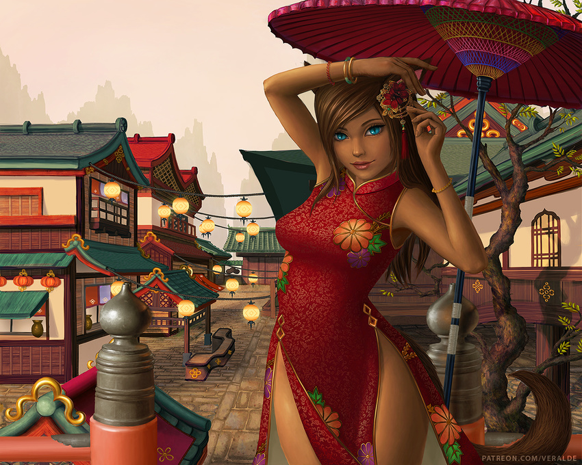 animal_ears architecture arms_up blue_eyes bracelet breasts brown_hair cat_ears cat_tail china_dress chinese_clothes dark_skin dress east_asian_architecture final_fantasy final_fantasy_xiv hair_ornament jewelry lips long_hair looking_at_viewer medium_breasts miqo'te oriental_umbrella outdoors slit_pupils smile solo tail umbrella veralde watermark web_address
