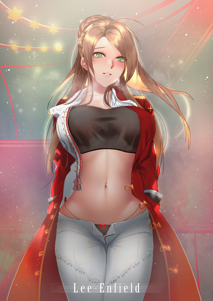 absurdres black_panties blush braid breasts buttons character_name coat crop_top girls_frontline glowing green_eyes highres kimjunho large_breasts lee-enfield_(girls_frontline) long_coat long_hair navel open_clothes open_coat open_mouth panties pants red_coat star starry_background stomach string underwear