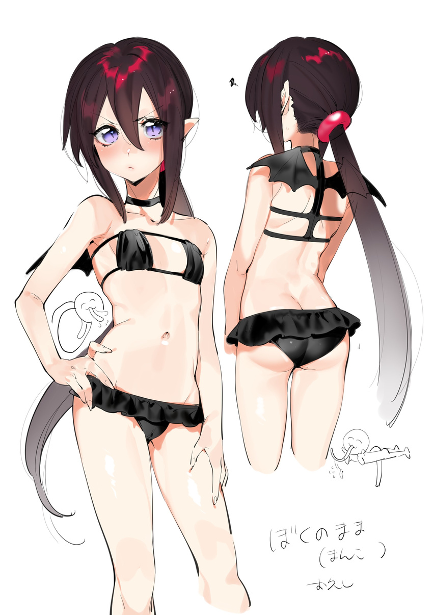&gt;:( absurdres ass bad_id bad_twitter_id bare_arms bare_shoulders bat_wings bikini black_bikini black_swimsuit blush breasts chibi chibi_inset closed_mouth contrapposto cropped_legs eyebrows_visible_through_hair facing_away fingernails frilled_bikini frills frown hair_between_eyes hand_on_hip highres lady_bat licking long_hair looking_at_viewer mermaid_melody_pichi_pichi_pitch multiple_views navel ohisashiburi pointy_ears ponytail purple_eyes simple_background slit_pupils small_breasts squiggle standing swimsuit v-shaped_eyebrows very_long_hair white_background wings