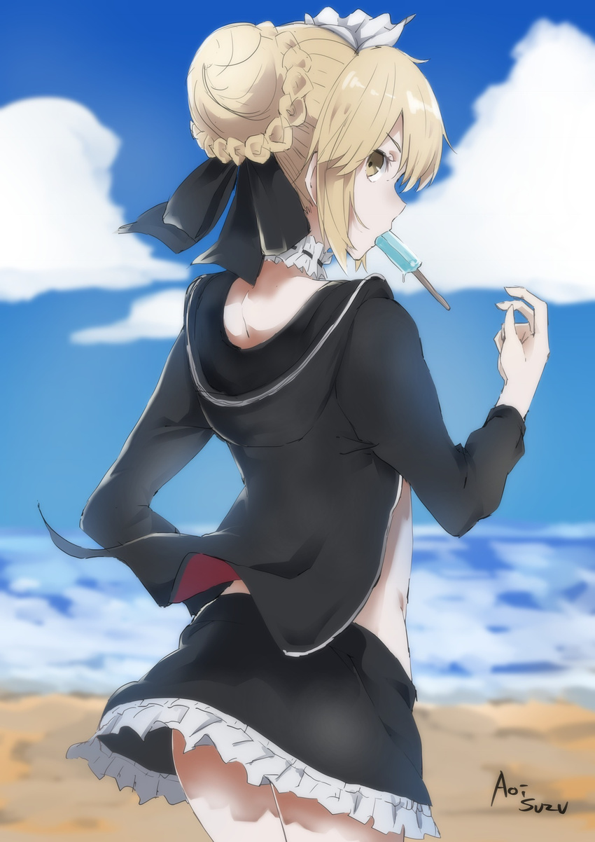 aoi_suzu artist_name artoria_pendragon_(all) artoria_pendragon_(swimsuit_rider_alter) black_jacket black_ribbon black_skirt blonde_hair blue_sky blurry blurry_background cloud cowboy_shot day eating fate/grand_order fate_(series) food food_in_mouth frilled_skirt frills from_behind hair_bun hair_ribbon highres hood hood_down hooded_jacket jacket long_sleeves looking_at_viewer looking_back maid_headdress miniskirt mouth_hold neck_garter ocean open_clothes open_jacket outdoors popsicle profile ribbon short_hair skirt sky solo standing yellow_eyes